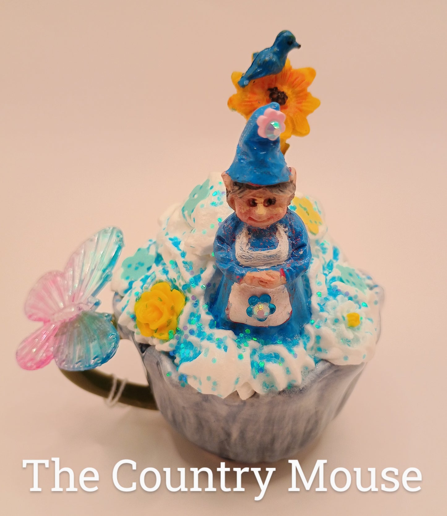 Tea Cup Gnomes -Blue With Yellow Bird