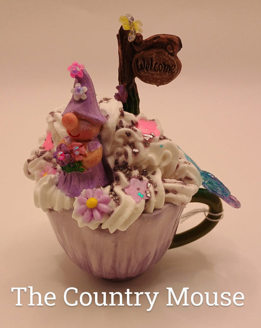 Tea Cup Gnomes -Blue With Yellow Bird